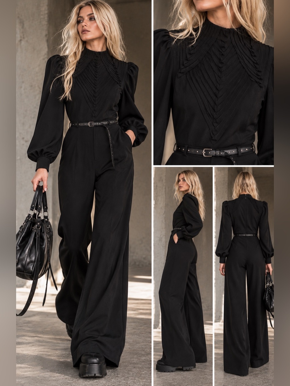 Nasty Gal Black Long-Sleeve Wide-Leg Jumpsuit